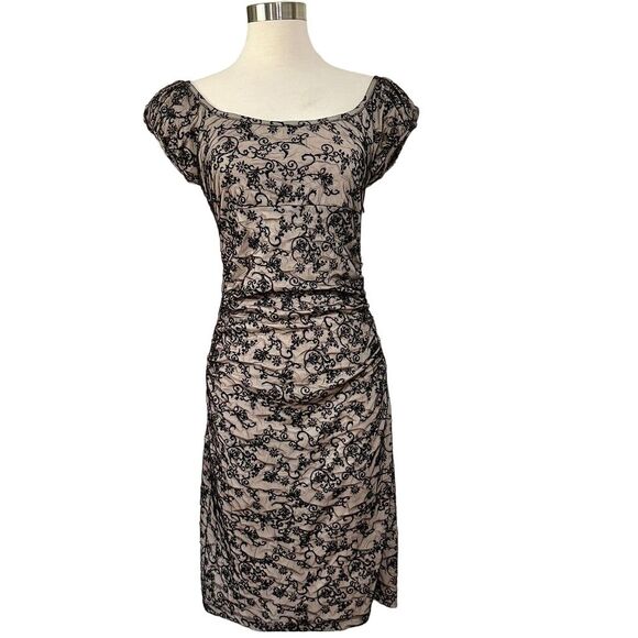 Betsey Johnson Dresses & Skirts - Betsey Johnson 90's Vintage Mesh Lace Dress Womens 8 Black Tan Floral Overlay